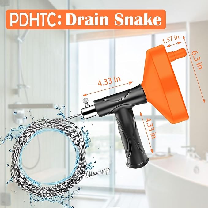 Drain Auger 33 Feet, Plumbing Snake Hair Clog Removal Tool, Heavy Duty Toilet Auger, Clog Remover Tool for Bathroom Kitchen Tub Shower Drain Clog Remover with Gloves, Orange