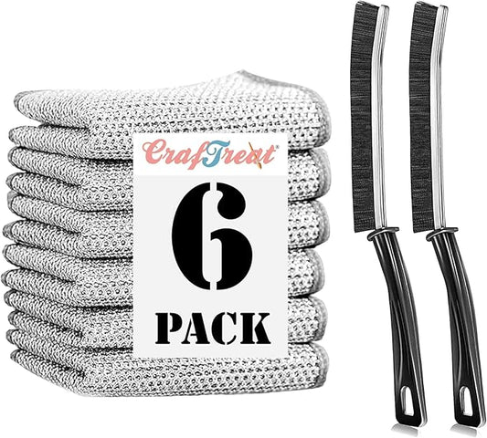 CrafTreat Cleaning Combo – 2 Pack Crevice Cleaning Brushes and 6 Pack Non Scratch Wire Dishcloths for Kitchen, Bathroom, Grout, Sinks, Pots and Pans – Reusable and Durable