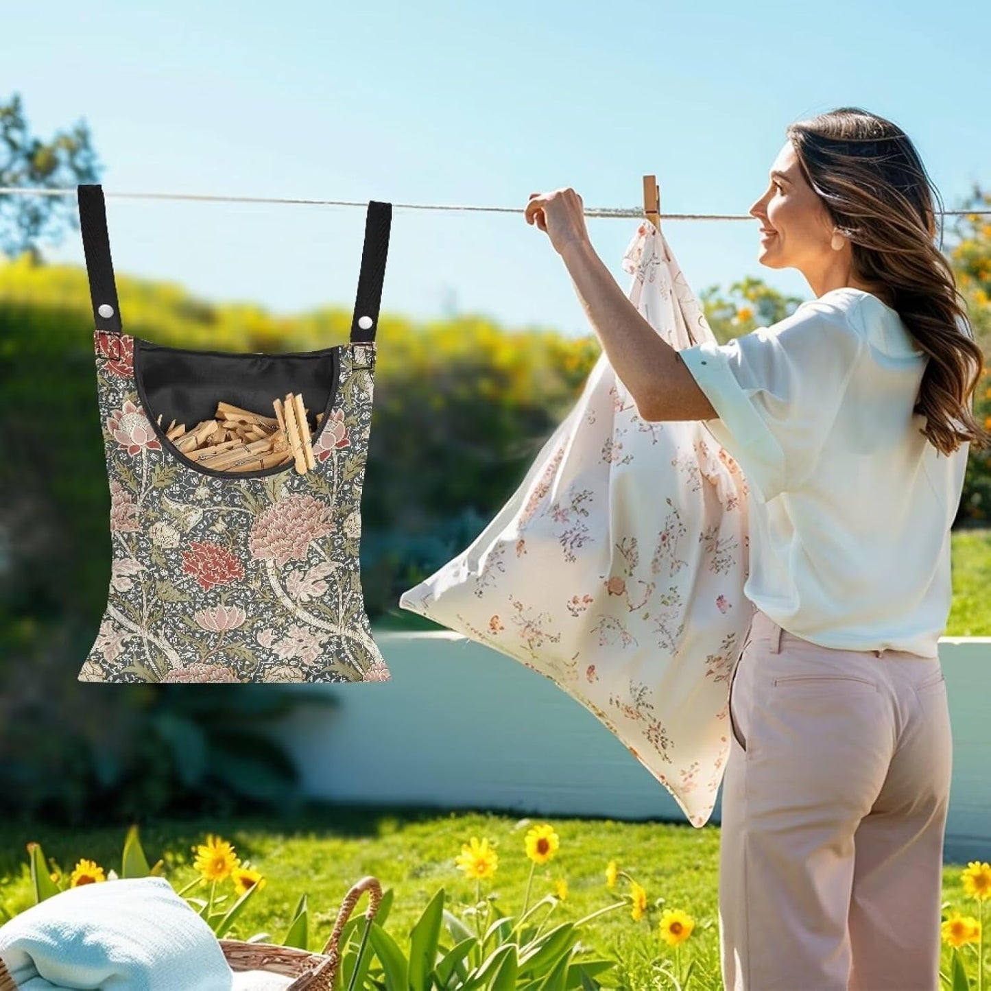 Home Clothespin Organizer 14.5"x12" - Spacious Interior with Wide Mouth Opening - Durable Hanging Storage Solution for Busy Households & Laundry Facilities Hydrangea Tree Branch Print