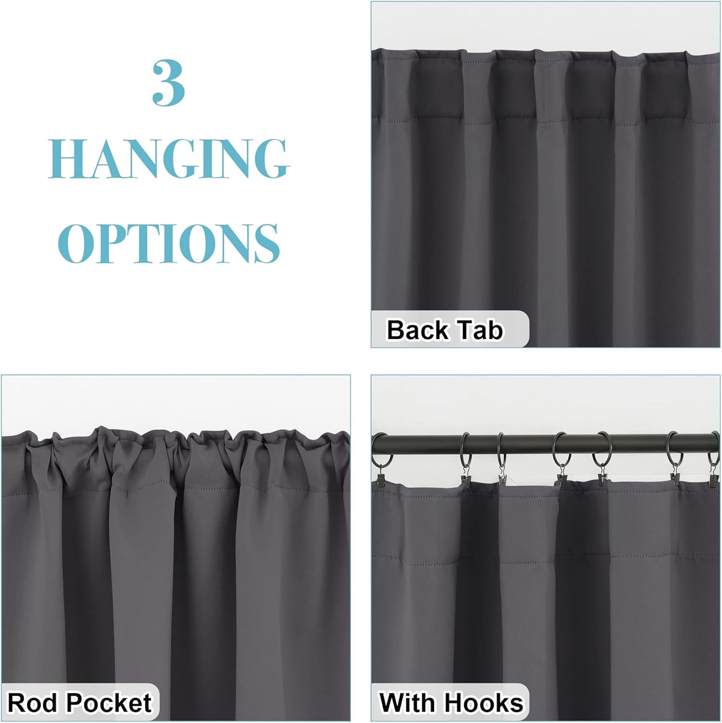 RYB HOME Blackout Grey Curtains - Thermal Insulated Window Treatments Long Panels, Back Tab Top, Privacy Curtains for Bedroom Dining, 42 Wide x 72 Long, Gray, Set of 2