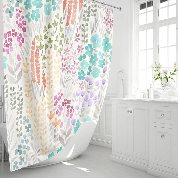 Small Stall Shower Curtain 36 x 72 Inch, Half Narrow Teal Blue Cute Floral Shower Curtain for Bathroom, Turquoise Wildflower Boho Cottagecore Fabric Shower Curtain Set with Hooks