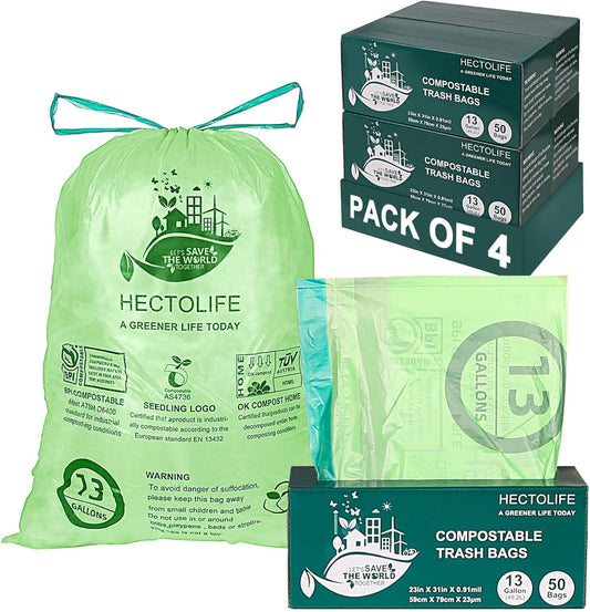 13 Gallon,200 Count, Compostable Trash Bags with Drawstring,Tear Resistant Kitchen Food Scrap Waste Bag, ASTM D6400, US BPI and Europe OK Compost Home Certified