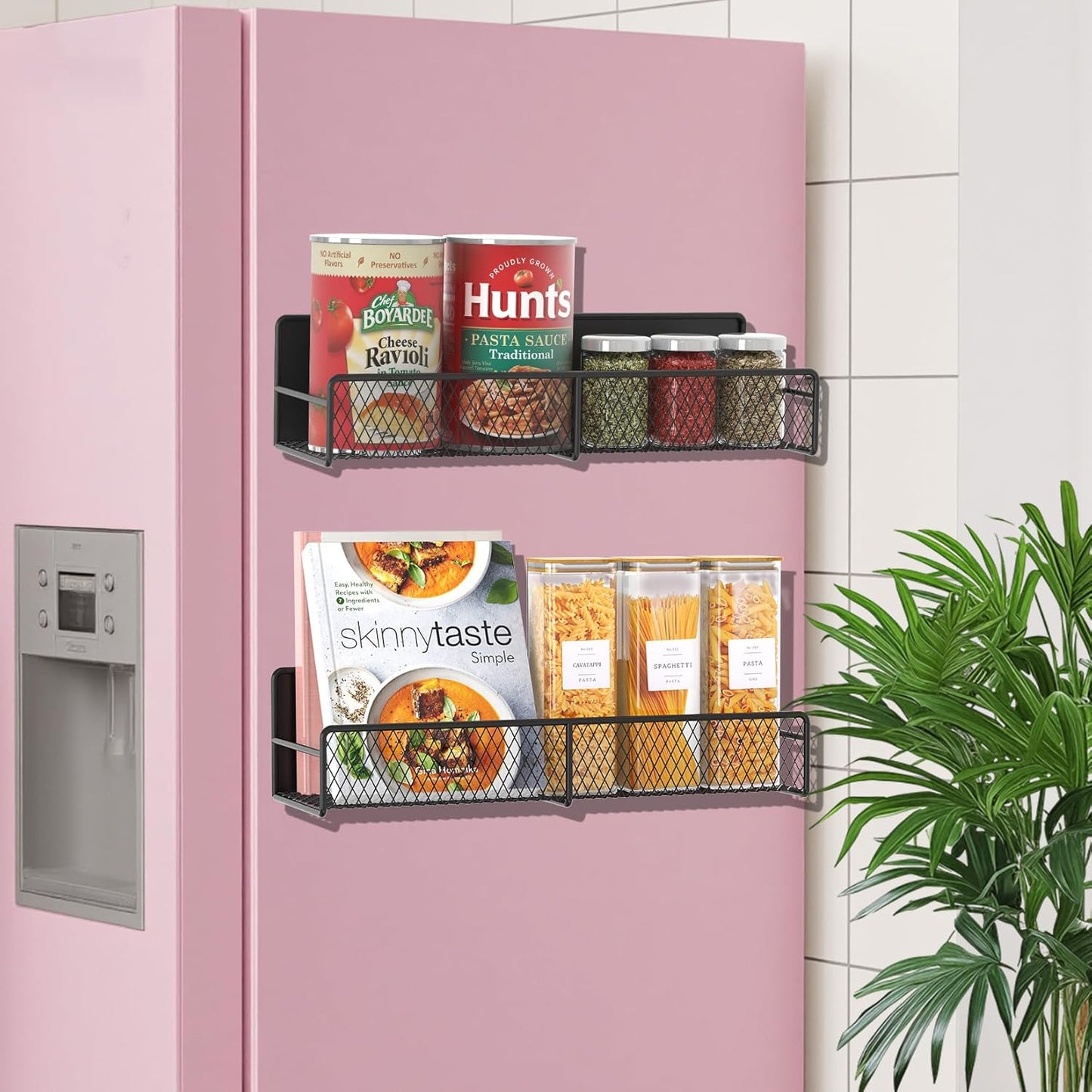 2 Pack Magnetic Spice Rack for Refrigerator, White Magnetic Shelf with 4 Removable Hooks, Rustproof Magnetic Shelf for Fridge, Oven, Condiments, Oils, Seasoning Spice Organizer