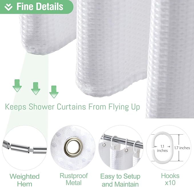 Dynamene Stall Fabric Shower Curtain - 54 inch Wide Waffle Weave Weighted Thick Cloth Shower Curtains for Bathroom, Heavy Duty Hotel Spa Luxury Bath Curtain Set with 10 Hooks, 54x72, White