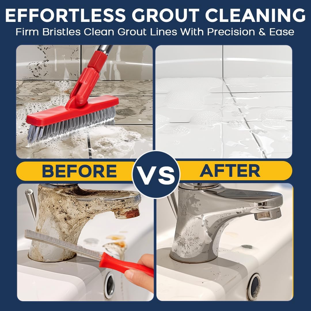 Grout Brush with Long Handle & Hard Bristle Crevice Cleaning Brush, Grout Cleaner for Tile Floors, Floor Scrubber for Tile Grout Line, Household Use, Multipurpose Gap Cleaning Tools by Foxtrot Living