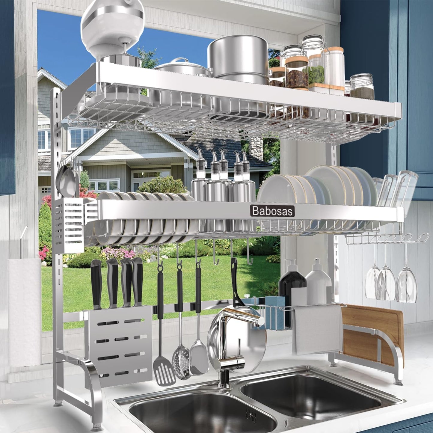 Over The Sink Dish Drying Rack,3 Tier Adjustable Length (25.5'' to 37.4'') Full Stainless Steel Large Storage Kitchen Dish Rack,For Kitchen Counter Expandable Multifunctional Organizers,Silver