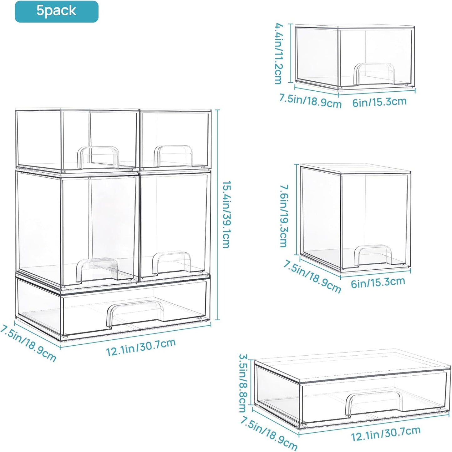 Vtopmart Stackable Storage Drawers Set of 5, Clear Plastic Organizer Bins for Beauty Supplies,Ideal for Vanity, Bathroom,Cabinet,Pantry Organization
