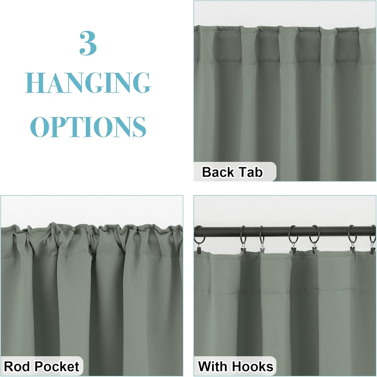 RYB HOME Room Darkening Curtains 2 Panels Set, Energy Efficient Privacy Drapes Back Tab Small Wondow Shades for Bathroom Kids Bedroom, 42 Inch Wide by 63 Inch Long, Sage Green
