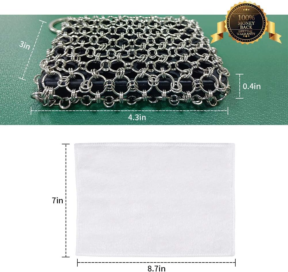 Herda 316L Cast Iron Scrubber Cleaner, Large Chainmail Scrubber for Cast Iron Pan - Chain Mail Scrubber Cast Iron Sponge - Metal Cast Iron Skillet Scrubber, Wok, Dutch Oven Cast Iron Cleaning Kit