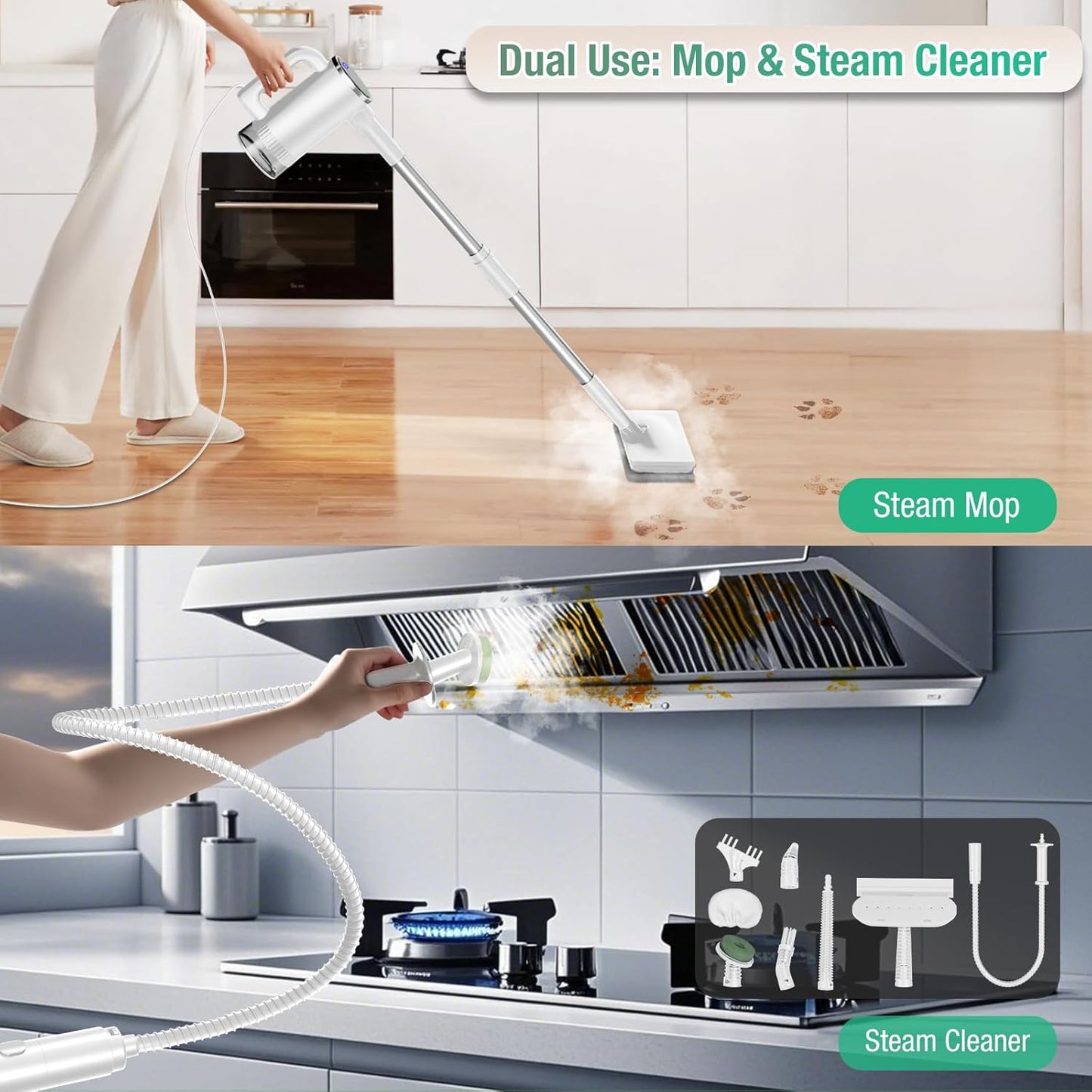 11-in-1 Steam Mop - Detachable Handheld Steam Cleaner with 500mL Tank, 260℉ Floor Steamer for Hardwood, Tile, Grout, Windows, Bath & Kitchen - 3-Level Steam Control, Multi-Purpose Floor Steam Cleaner