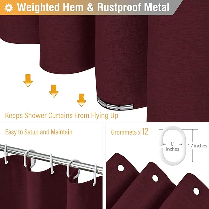 BTTN Fabric Shower Curtain, Linen Textured Heavy Duty Polyester Cloth Shower Curtain Set with Plastic Hooks, Burgundy, 72" W x 78" L (Pack of 1)