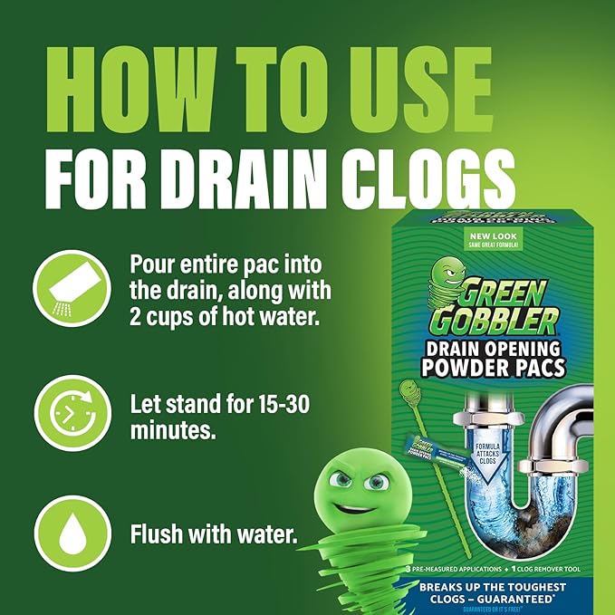 Green Gobbler Drain Clog Remover & Drain Cleaner Powder (5 Pacs & 5 Tools)