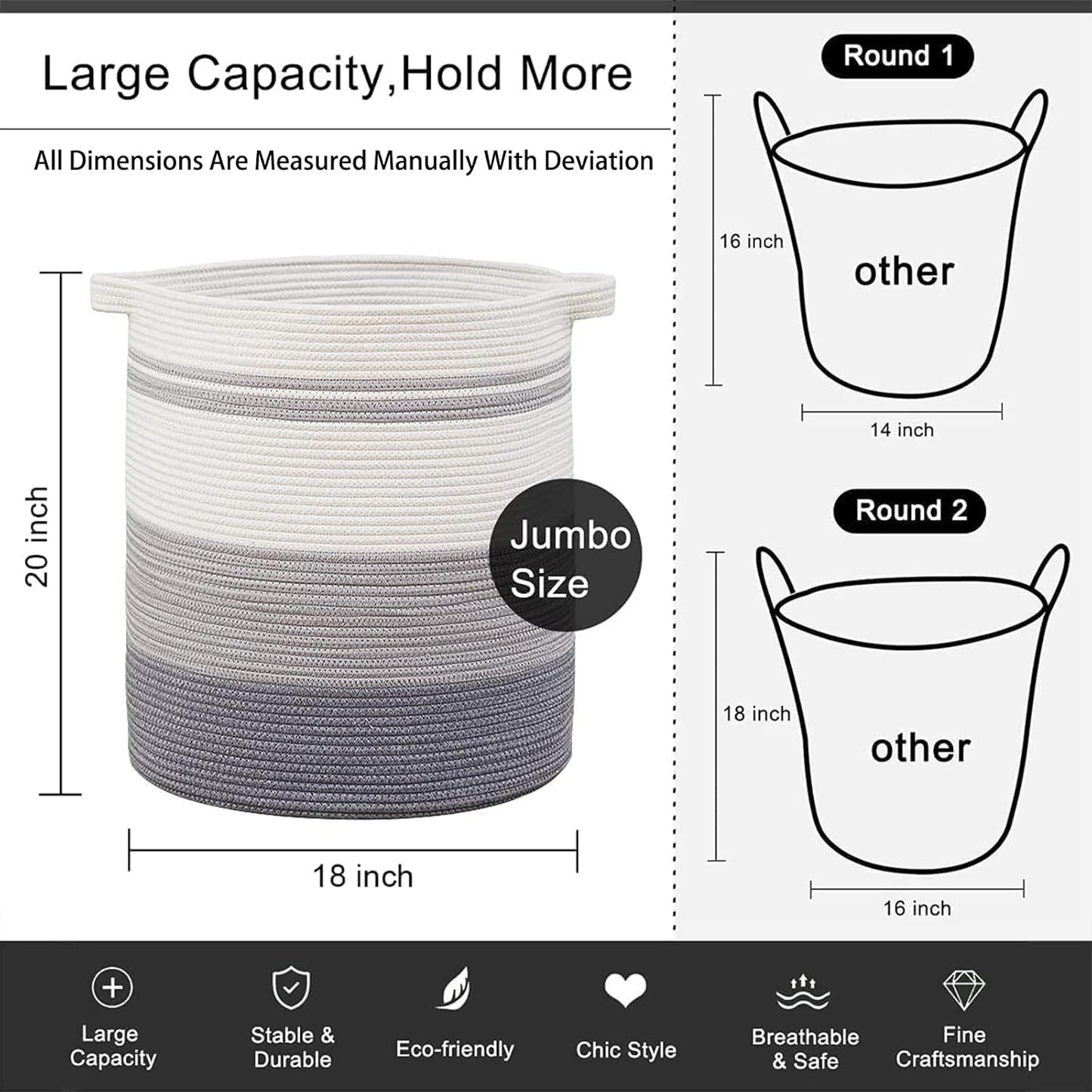 OIAHOMY 80L Laundry Hamper with Handles,Decorative Basket for Living room,Woven Storage Basket for Toys Bin,Pillows, Blankets,Clothes-20x18in-Gradient Gray