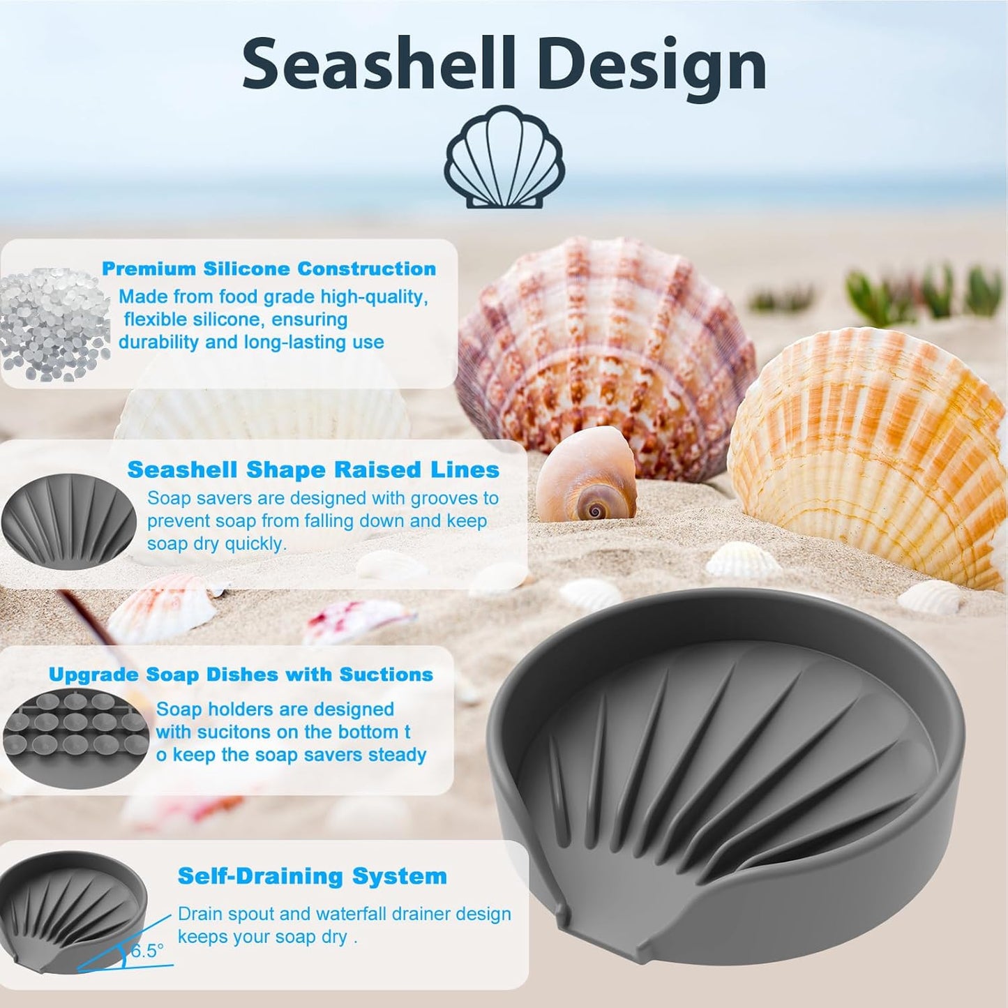 Self Draining Soap Dish, Silicone Suction Cup Soap Holder Tray Savers Container Sponge Holder for Bar Bathroom Shower Kitchen Sink, Can Extend Soap Life (2, Gray)