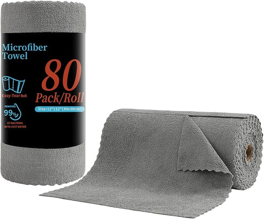 80 Pack Microfiber Cleaning Cloth Roll,Lint Free Rags & Tear Away Reusable Towels Washable Scratch,Ultra Absorbent Dish Rags(12" x 12") for Car Kitchen Home Garage-Dark Gray