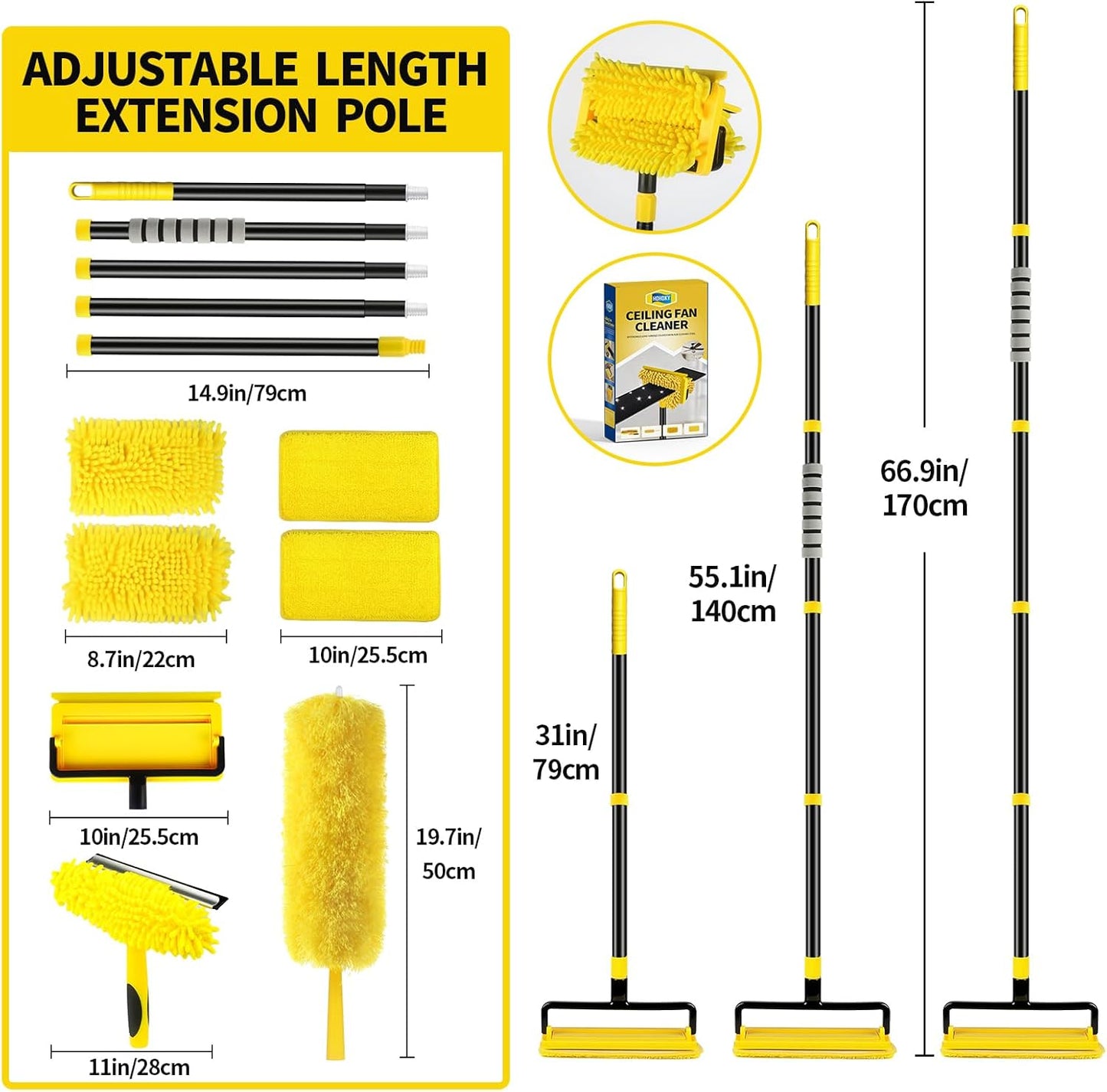 High Ceiling Fan Cleaner Duster for Fans Blades Cleaner with 78.7in Extension Pole Extra Long Handle Cleaning Tool，Reusable Chenille & Microfiber Mop Head for Baseboard Wall Floor Window Glass Wiper