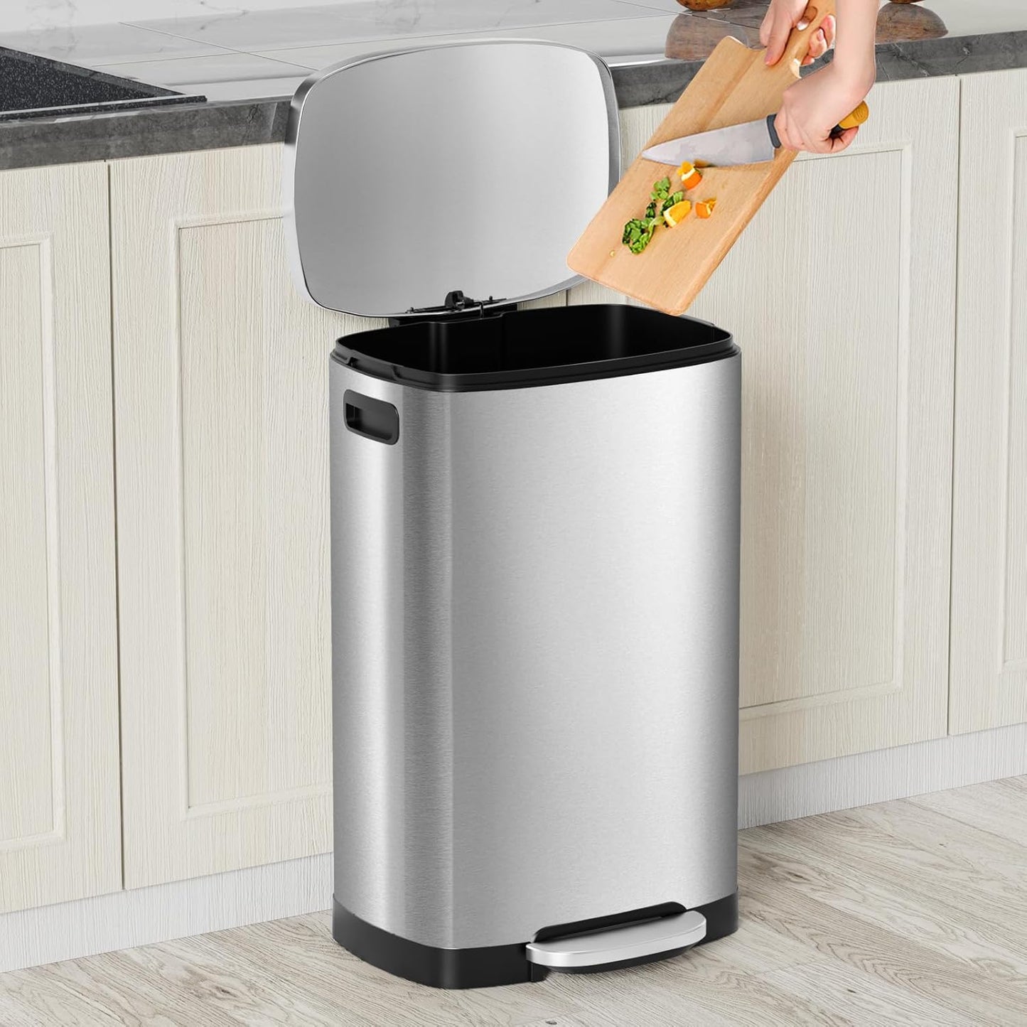 13 Gallon Trash Can with Lid, 50L Fingerprint Proof Stainless Steel Kitchen Trash Can with Removable Inner Bucket and Lid Soft Close, Pedal Rubbish Bin for Home Office