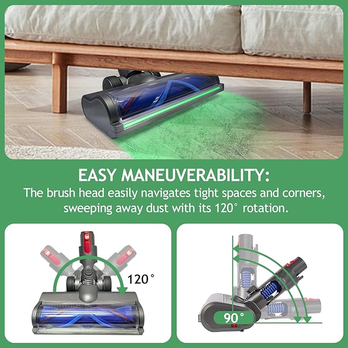 Vacuum Head Hardwood Floor Attachment for Dyson V6 DC58 DC59 DC61 DC Series Vacuum Cleaner, Replacement Cleaner Head with Full-Area LED Green Light, Quick-Release Design Hard Floors Short Pile Carpets