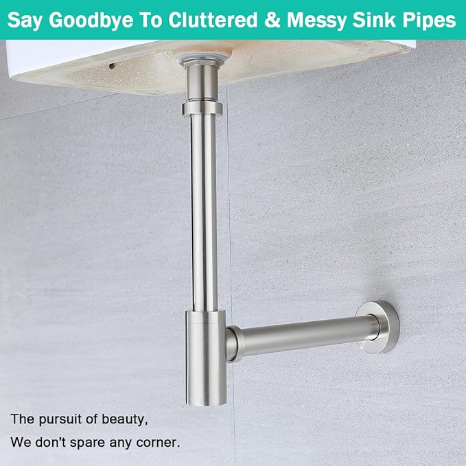 Brass Round Bottle P-Trap with Pop Up Drain Stopper,1 1/4 Adjustable Basin Sink Waste Drain Trap Kit Without Overflow,Brushed Nickel P Trap