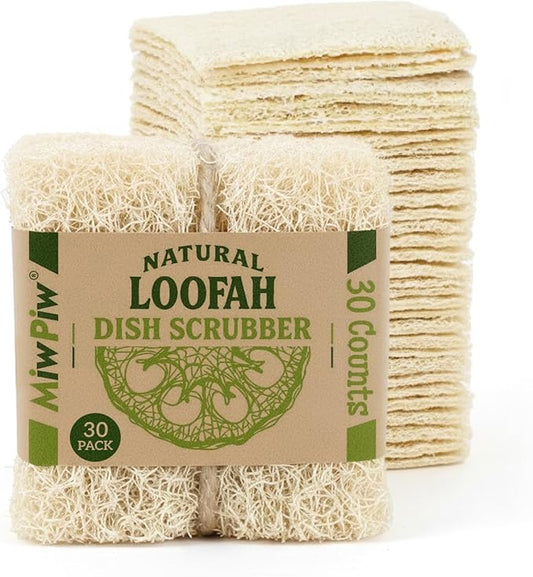 Natural Loofah Dish Sponge (Pack 30) Multipurpose Dish Sponges - 100% Biodegradable Compostable Dishwashing Scouring Pad Zero Waste (2.75" x 2.75" Each)