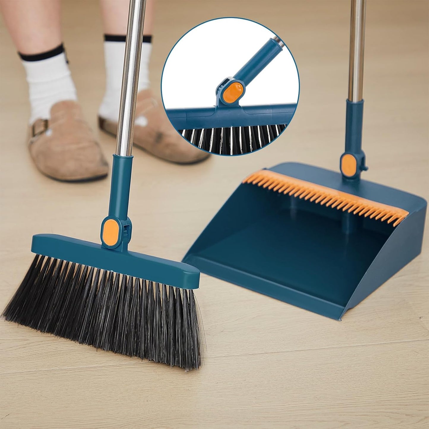 Suclain 4 Set 8 Pcs Broom and Dustpan Set 47 Inch Long Handle Brooms for Sweeping Indoor Household Dustpans for Indoor Outdoor Kitchen Floor(Blue)