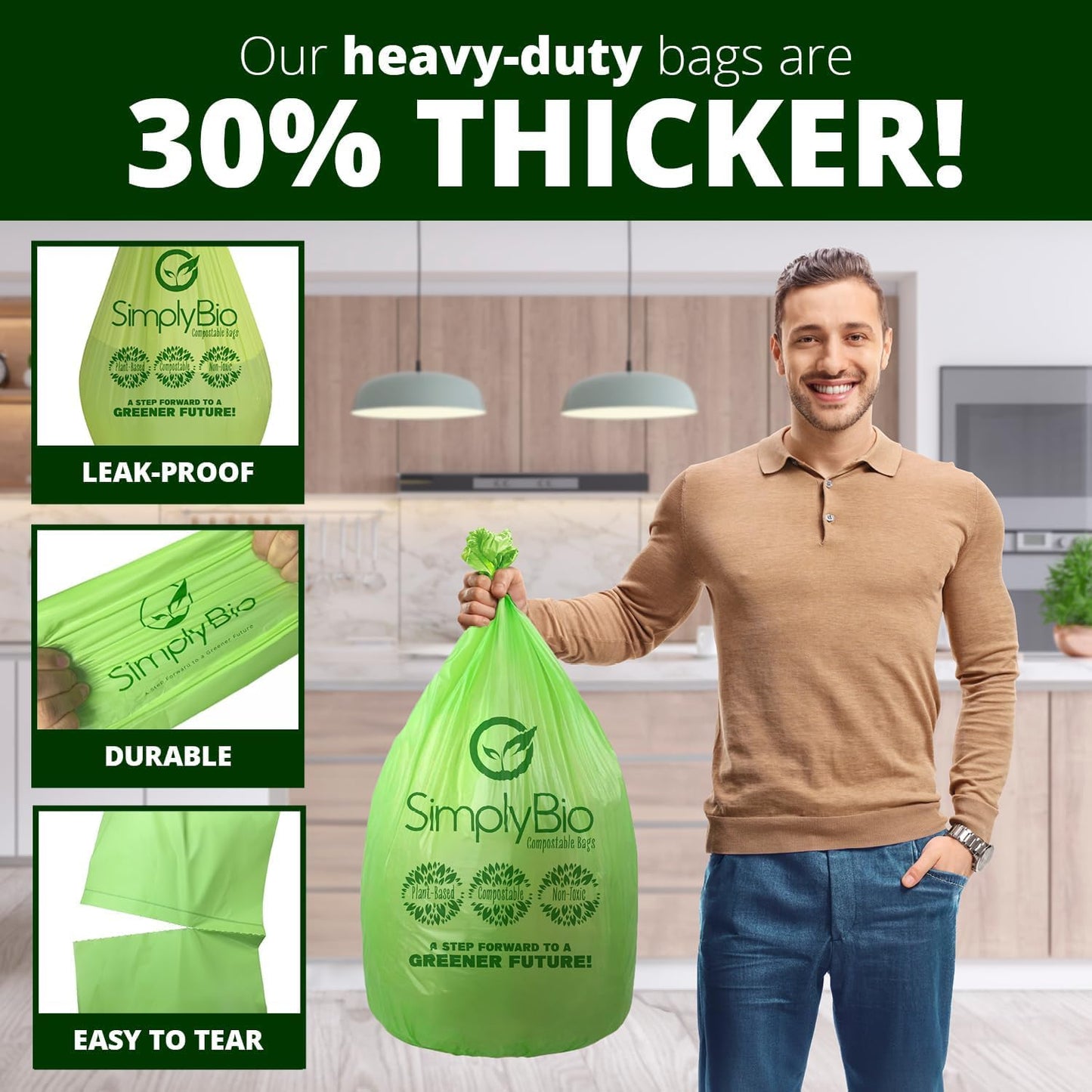 10-13 Gallon Compostable Trash Bags with Flat-Top 50 Bags Thick 0.87 Mil Leakproof Plant-based Tall Kitchen Wet Food Scrap Waste, ASTM D6400, US BPI and OK Compost Home Certified