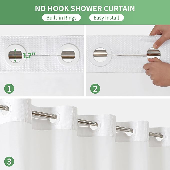 Long No Hook Shower Curtain with Snap-in Fabric Liner Set,White Waffle Weave Shower Curtains for Bathroom,Hotel Luxury Decor Bathroom Curtain Set,Waterproof & Washable,71Wx80H