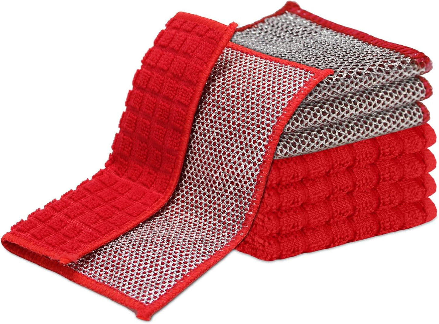 Dish Rags for Washing Dishes 8 Pack Multipurpose Wire Miracle Cleaning Coths Non-Scratch Wire Dishwashing Rag Lint Free Microfiber Cleaning Cloth for Kitchen Windows (Red)