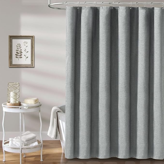 BTTN Long Fabric Shower Curtain - 72x80 Inch Linen Textured Heavy Duty Polyester Cloth Shower Curtain Set with 12 Plastic Hooks, Hotel Luxury Waterproof Modern Shower Curtains for Bathroom, Gray/Grey