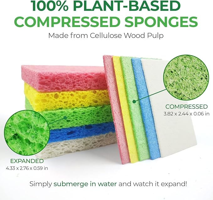 Biodegradable Cellulose Compressed Sponges - Pack of 16 Compostable Kitchen Pop Up Bulk - Non Scratch Multicolor Natural Dish Sponges - Heavy Duty Multipurpose Eco Friendly