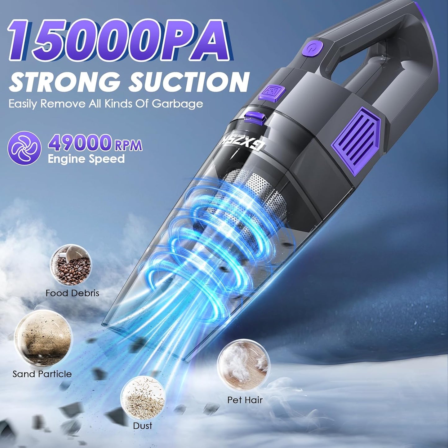 Handheld Vacuum Cordless, 15000PA Strong Suction Hand Held Car Vacuum Cleaner Rechargeable, Portable Hand Vacuum with Multi-Nozzles & Washable Filter for Home Office, Car, Pets