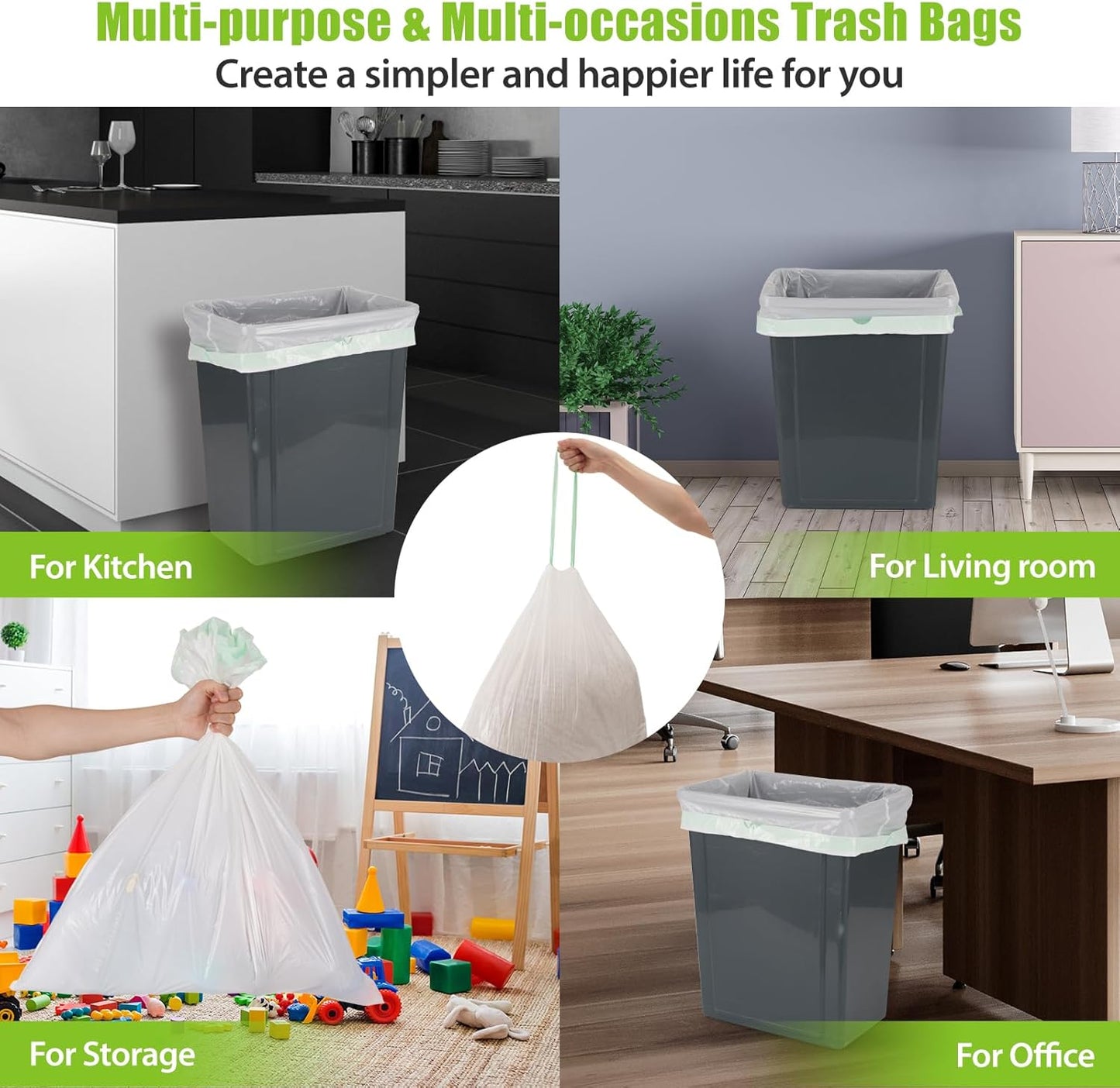 Large Trash Bag 13 Gallon Tall Drawstring 100% Post-Consumer Recycled Garbage Bag Waste Bag for Kitchen Office 0.8 Mil (200 Count)