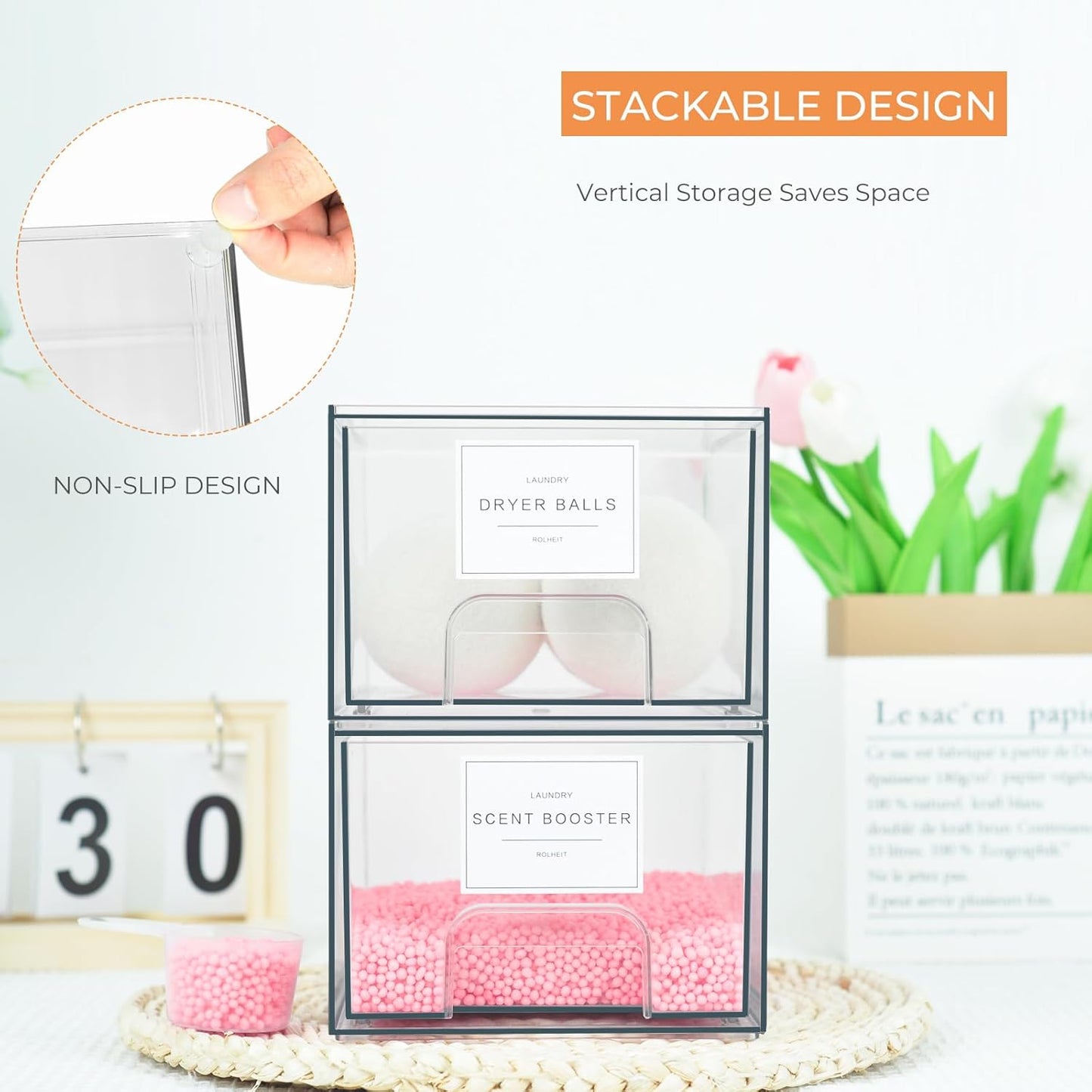 2 Pack Laundry Room Organization Storage Drawers with Labels, Clear Stackable Dryer Sheet Holder and Pod Containers, Detergent Dispenser for Laundry Room Organizing and Decor