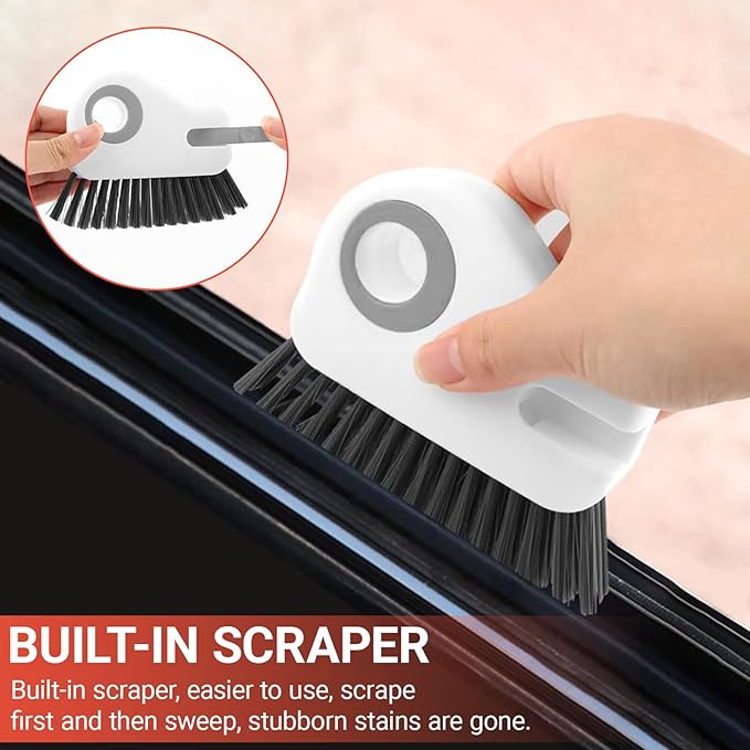 2 in 1 Groove Cleaning Brush Window Track Cleaning Tools, Multifunction Window Track Cleaner with Hard Bristle and Hidden Scraper, Crevice Brush for Sliding Door Track Window Seal Sill