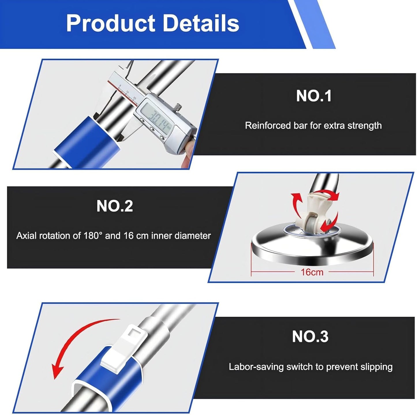 Replacement Handle for Swivel mop, 360° Swivel Adjustment, Reinforced Locking Telescopic Pole + 3 Reusable Microfiber mop Refills + 1 Stainless Steel Tray, Multi-Scenario mop Handle (Blue)