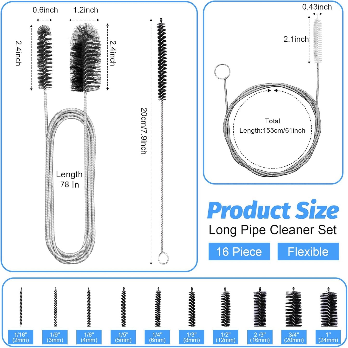 16pcs Long Tube Cleaner Set, Extra Long Hose Cleaning Brush, Pipe Cleaning Brush, Cleaning Brush Stainless Steel for Fish Tank, Kitchen, Straw