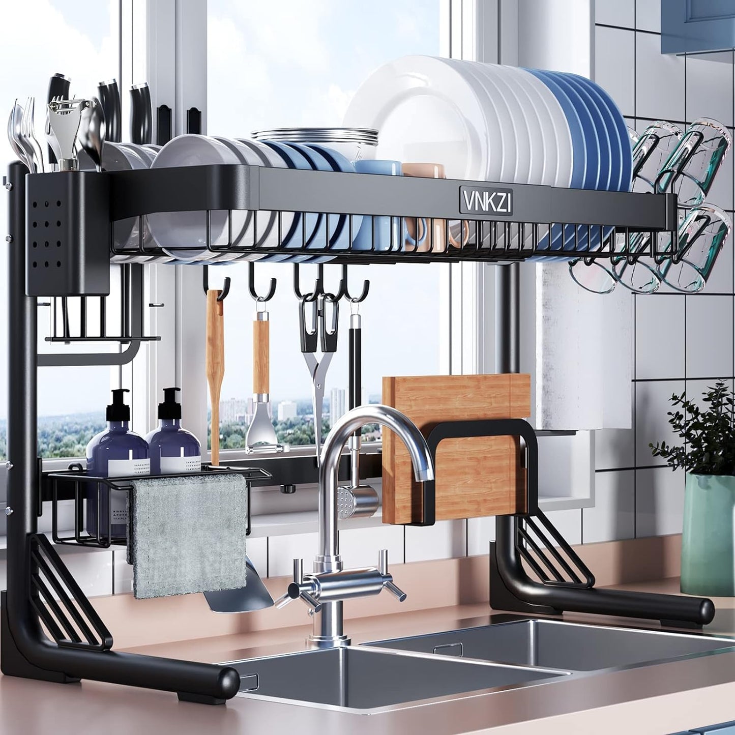 VNKZI Over Sink Dish Drying Rack, 2 Tier Full Stainless Steel Storage Adjustable Length (25.98'' to 36.61'') Kitchen Rack, Multifunctional Expandable Counter Organizer, Space Saver Dish Rack
