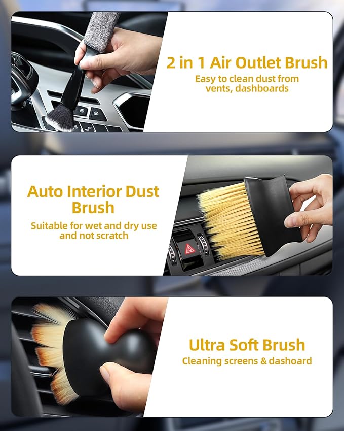 Car Detailing Brush Set, Ultra Soft Boars Hair Car Interior Detailing Brushes, Car Interior Detailing Kit, Car Cleaning Gel Supplies Kit, Car Dust Brush, Car Accessories for Truck, SUV, Interior-3pcs