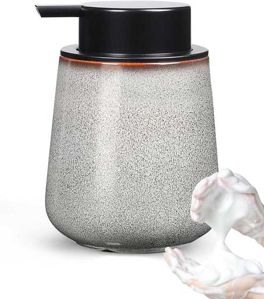 INGOFIN Ceramic Foaming Soap Dispenser -12oz Foam Hand Soap Dispenser Bathroom, Modern Refillable Dish Wash Soap Bottle for Kitchen with Large Pump,Kiln-Glazed