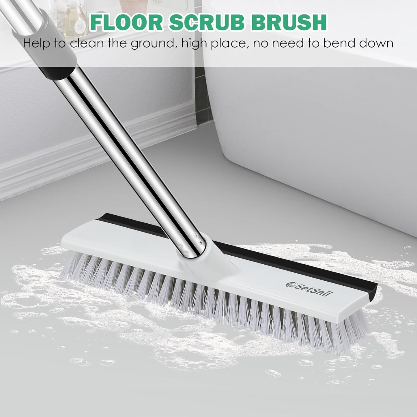 SetSail Upgraded Large 12 in Wide Floor Scrub Brush with 51-Inch Long Adjustable Handle 2 in 1 Scrape Brush Stiff Bristle Floor Scrubber for Cleaning Shower Bathroom Garage Kitchen Wall Deck Tub Tile
