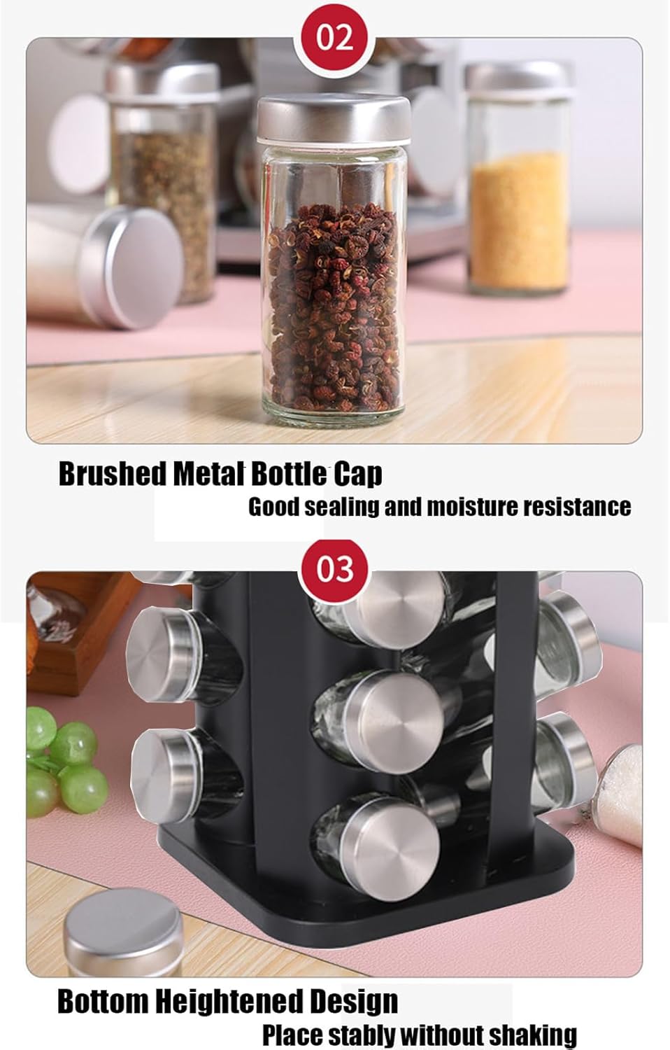 Spice Rack, Rotating Countertop Spice Rack Organizer, 16 Jars, Black, Stainless Steel