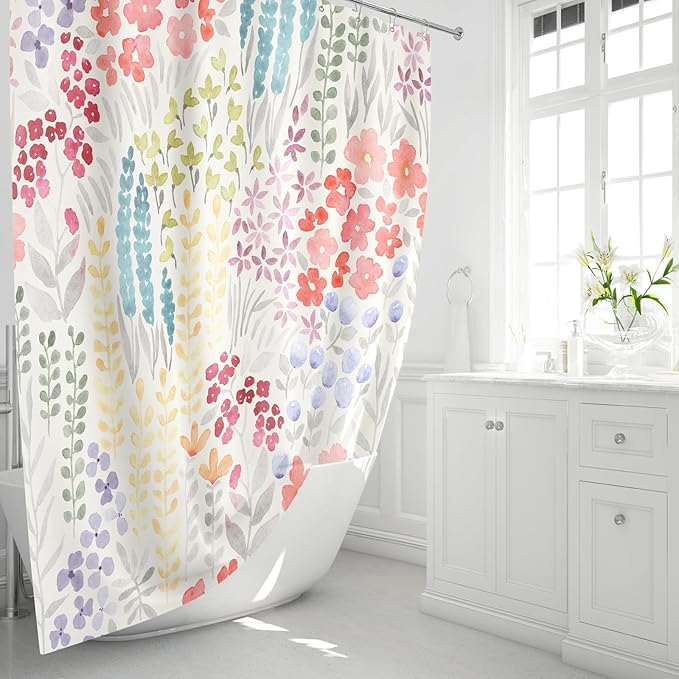 Extra Long Shower Curtain 72 x 84 Inch, Tall Cute Floral Shower Curtain for Bathroom, Colorful Wildflower Boho Cottagecore Fabric Shower Curtain Set with Hooks, Ivory