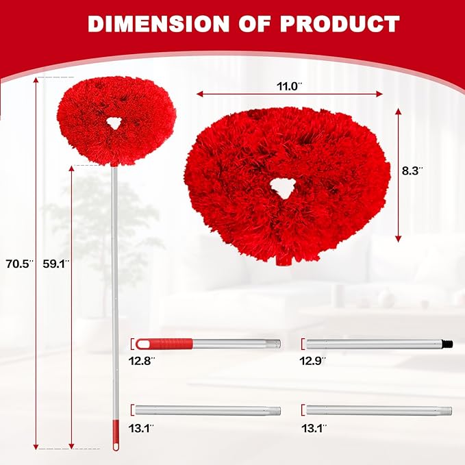 Ceiling Fan Cleaner Duster Reusable Microfiber Ceiling Fan Blade Cleaner Removable Duster with Extension Pole Adjusts 13 to 49.7 Inch for Cleaning Walls Bookshelves Furniture Door Window Top (Red)