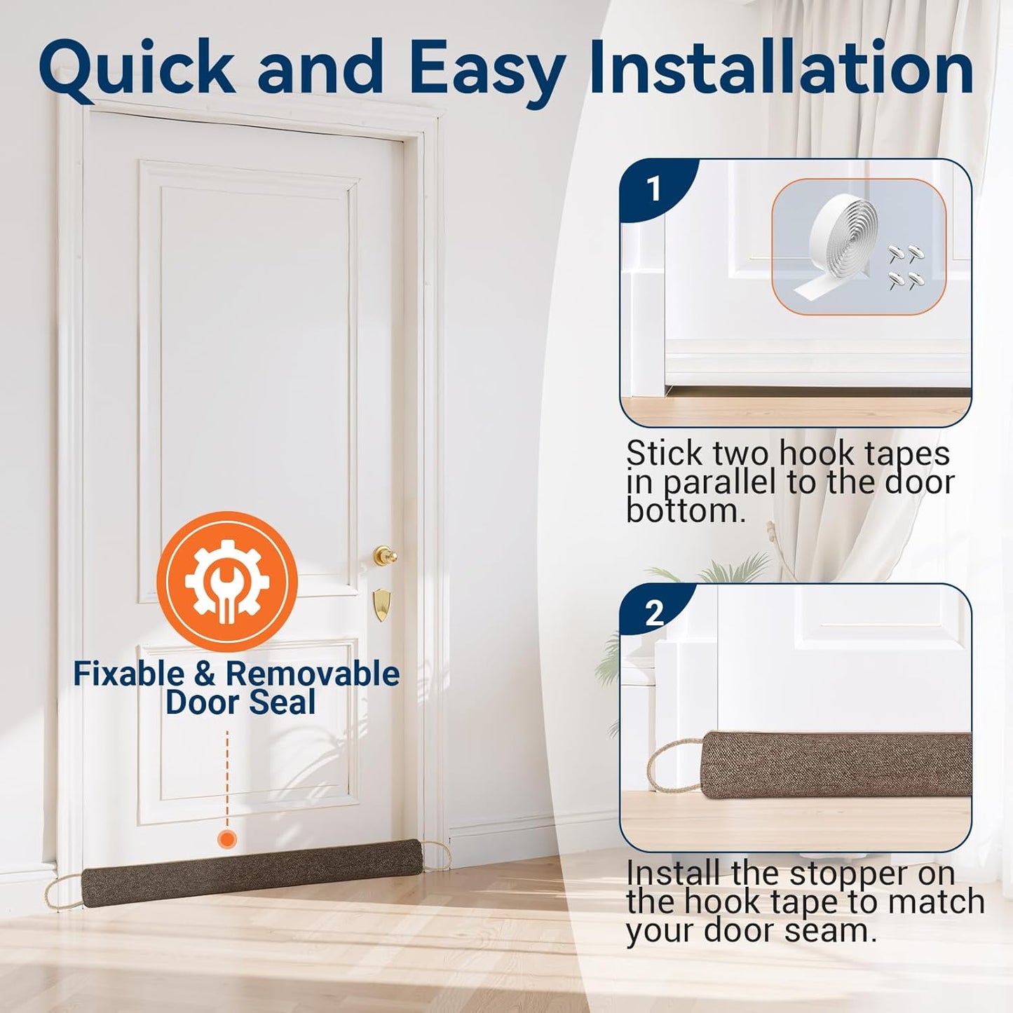 Door Draft Stopper for Bottom of Door, 36’’ Heavy Duty Under Door Draft Blocker Gap Filler, Door Seal for Noise Light Cold Air, with Adhesive Strips, Brown