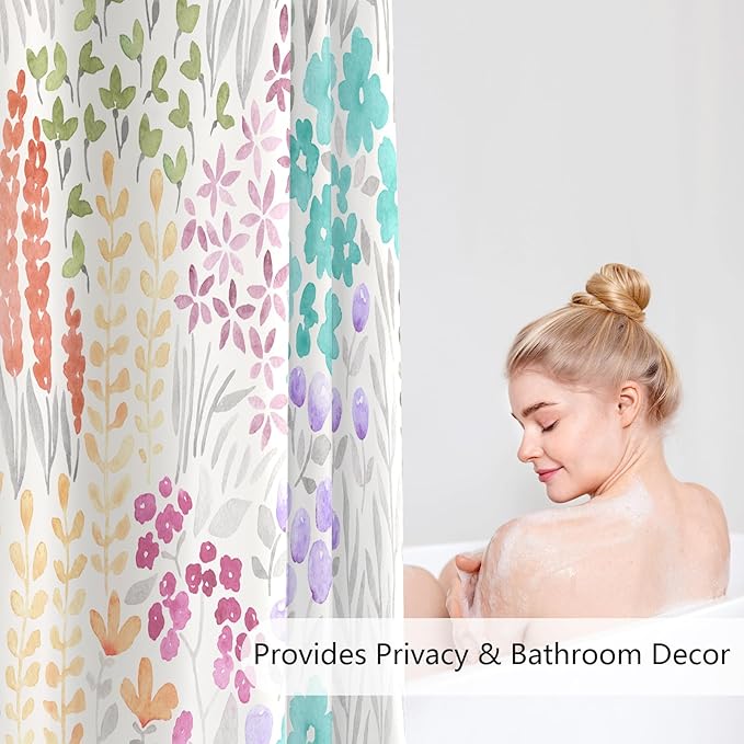 Small Stall Shower Curtain 36 x 72 Inch, Half Narrow Teal Blue Cute Floral Shower Curtain for Bathroom, Turquoise Wildflower Boho Cottagecore Fabric Shower Curtain Set with Hooks