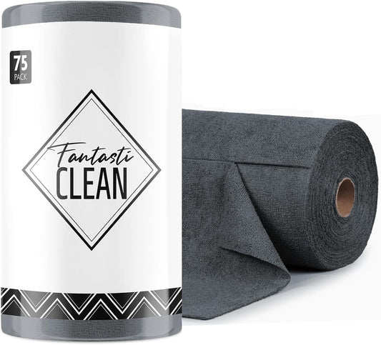 Fantasticlean Microfiber Cleaning Cloth Roll -75 Pack, Tear Away Microfiber Towels, 12" x 12", Reusable, Washable, Scratch Free, Ultra Absorbent for Car, Home Supplies (DimGray)