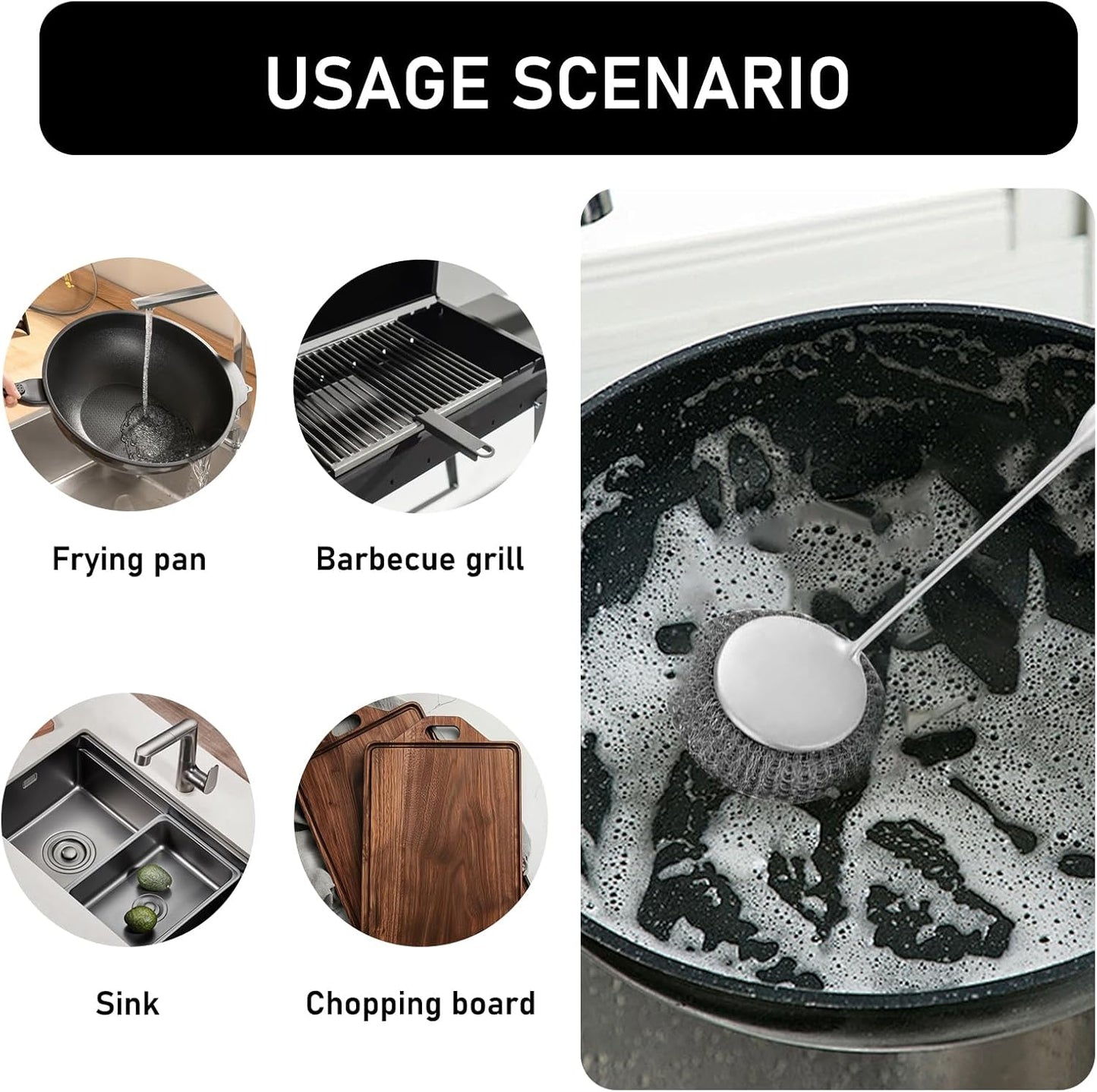 Stainless Steel Wool Metal Wire Scrubber Sponge Scouring Pads Brush Set with Handle for Cleaning Dishes,Pots and Pans,Kitchen Cast Iron,Stoves, Sink,Cooking Tools,Silver（9pcs）