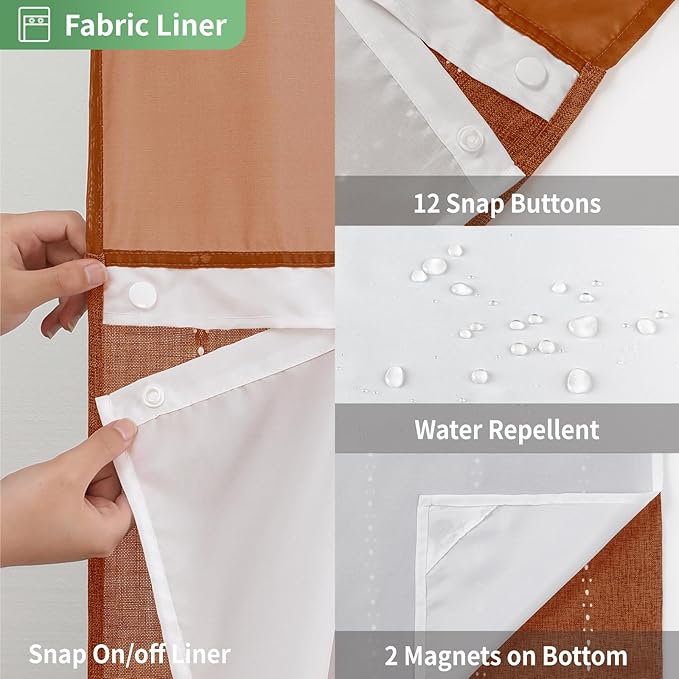 Boho Farmhouse No Hook Shower Curtain Set with Snap-in Fabric Liner,Heavy-Duty Linen Textured Rustic Striped Design,Water-Repellent with Tassels and Sheer Window,Orange,71x74