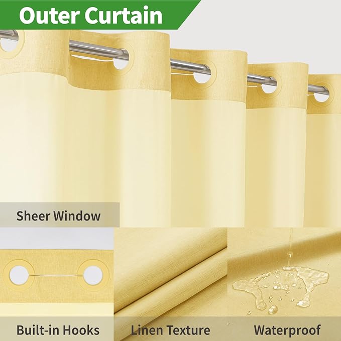 Long No Hooks Needed Linen Textured Shower Curtain with Snap-in Fabric Liner Set,Hotel Luxury Decor Shower Curtains for Bathroom,Waterproof & Washable,71Wx80H,Gold