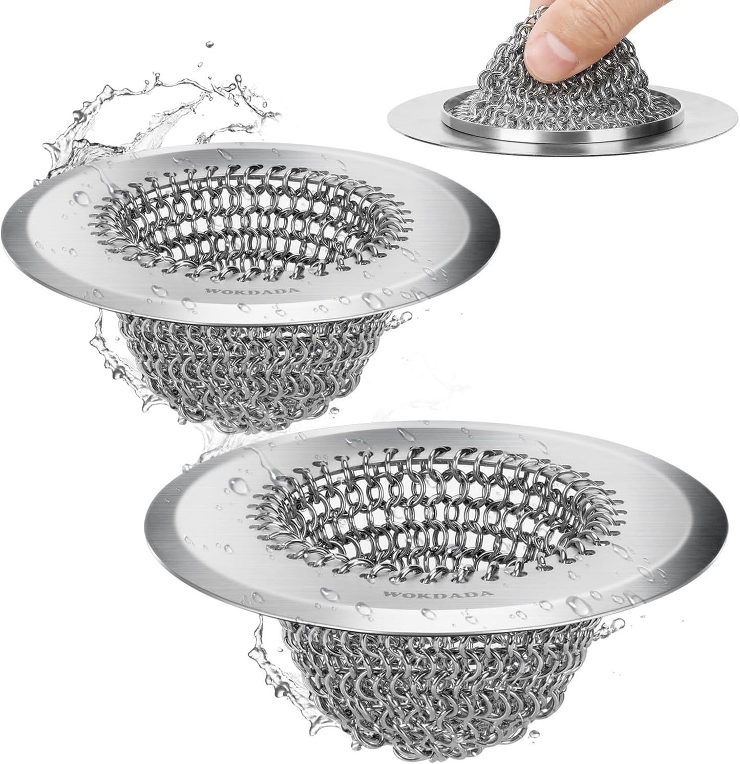 2 Pcs Sink Drain Strainer: Anti-Slip Flexible Chainlink, 304 Stainless Steel. Upgraded Clog-Free Kitchen Version, Easy-Clean Catcher for Garbage Disposal